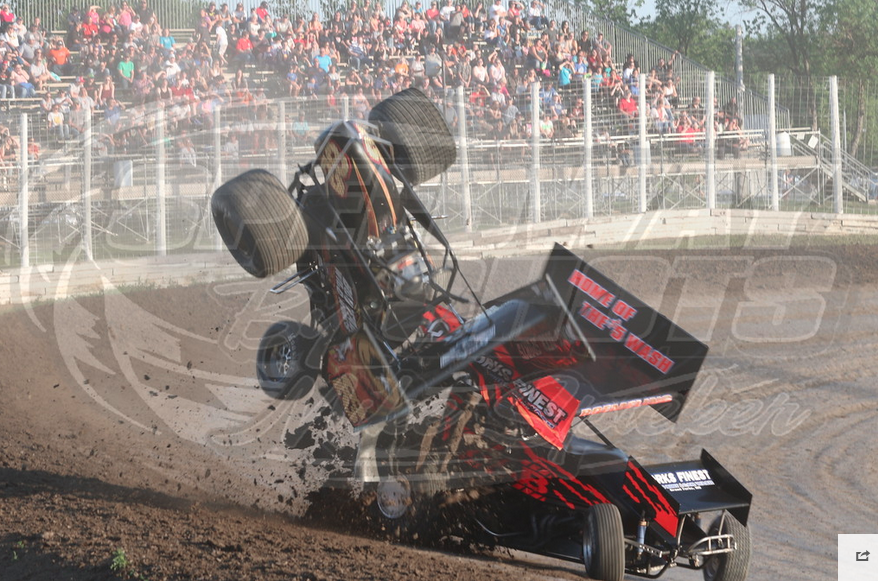 Dusty Zomer Buffalo Wild Wings Outlaw Sprint Car Crash photo by Mike Spieker