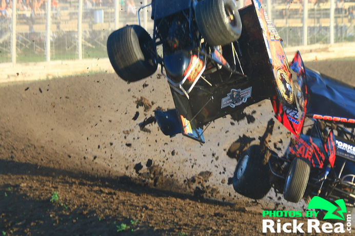 Dusty Zomer Buffalo Wild Wings Outlaw Sprint Car Crash at River Cities Speedway Photo by Rick Rea
