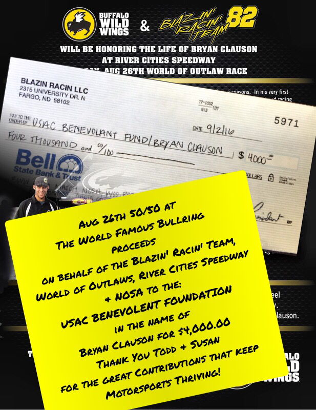 Buffalo Wild Wings Blazin' Racin' Team Sends $4,000 to Bryan Clauson USAC Benevolent Fund! 