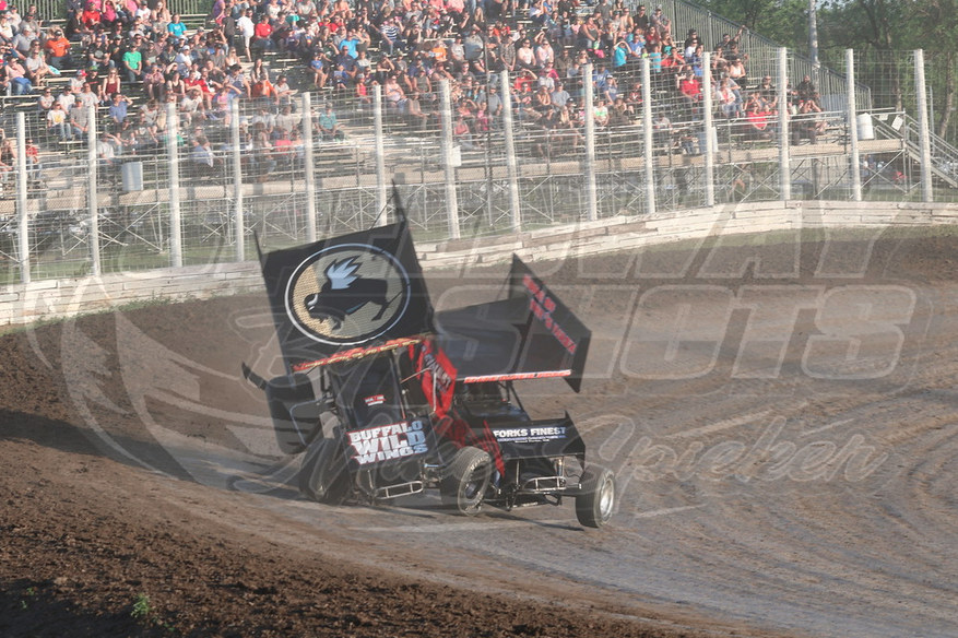 Dusty Zomer Buffalo Wild Wings Outlaw Sprint Car Crash at River Cities Speedway photos by Mike Spieker