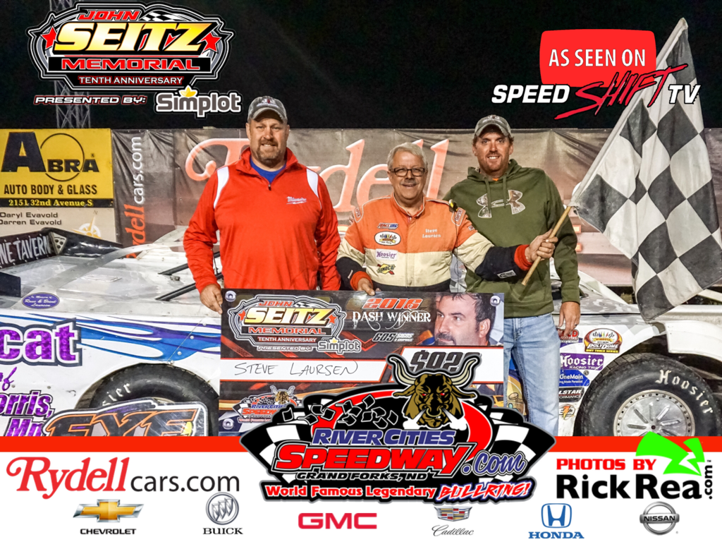 Steve Laursen lands in RydellCars.com Victory Lane winning the 2016 10th Annual John Sietz Memorial Pole Dash presented by www.Simplot.com  photo by Rick Rea of RickRea.com